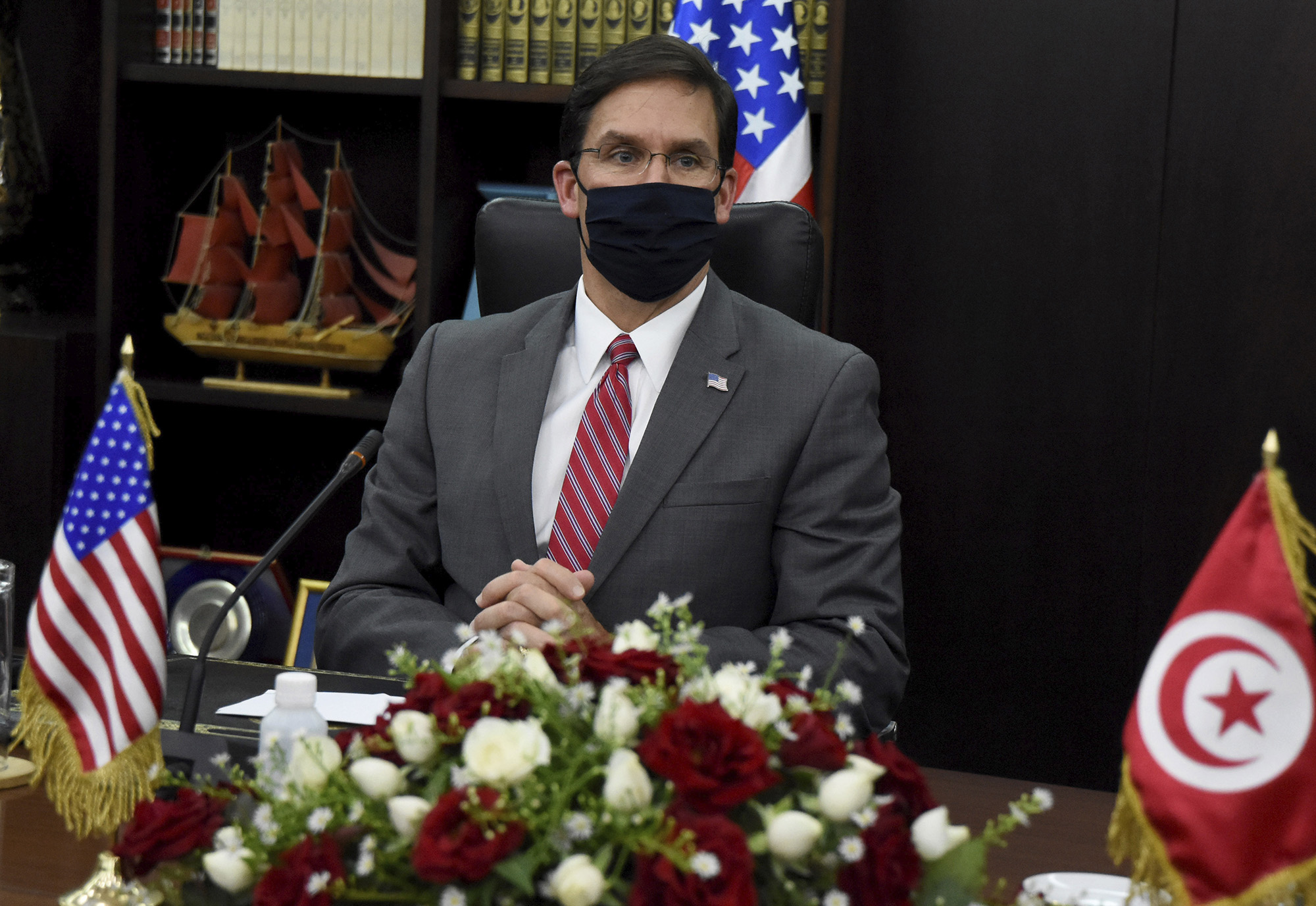 U.S. Secretary of Defense Mark Esper attends a meeting with Tunisian Defense Minister Brahim Bartagi in Tunis on Wednesday, Sept. 30, 2020.