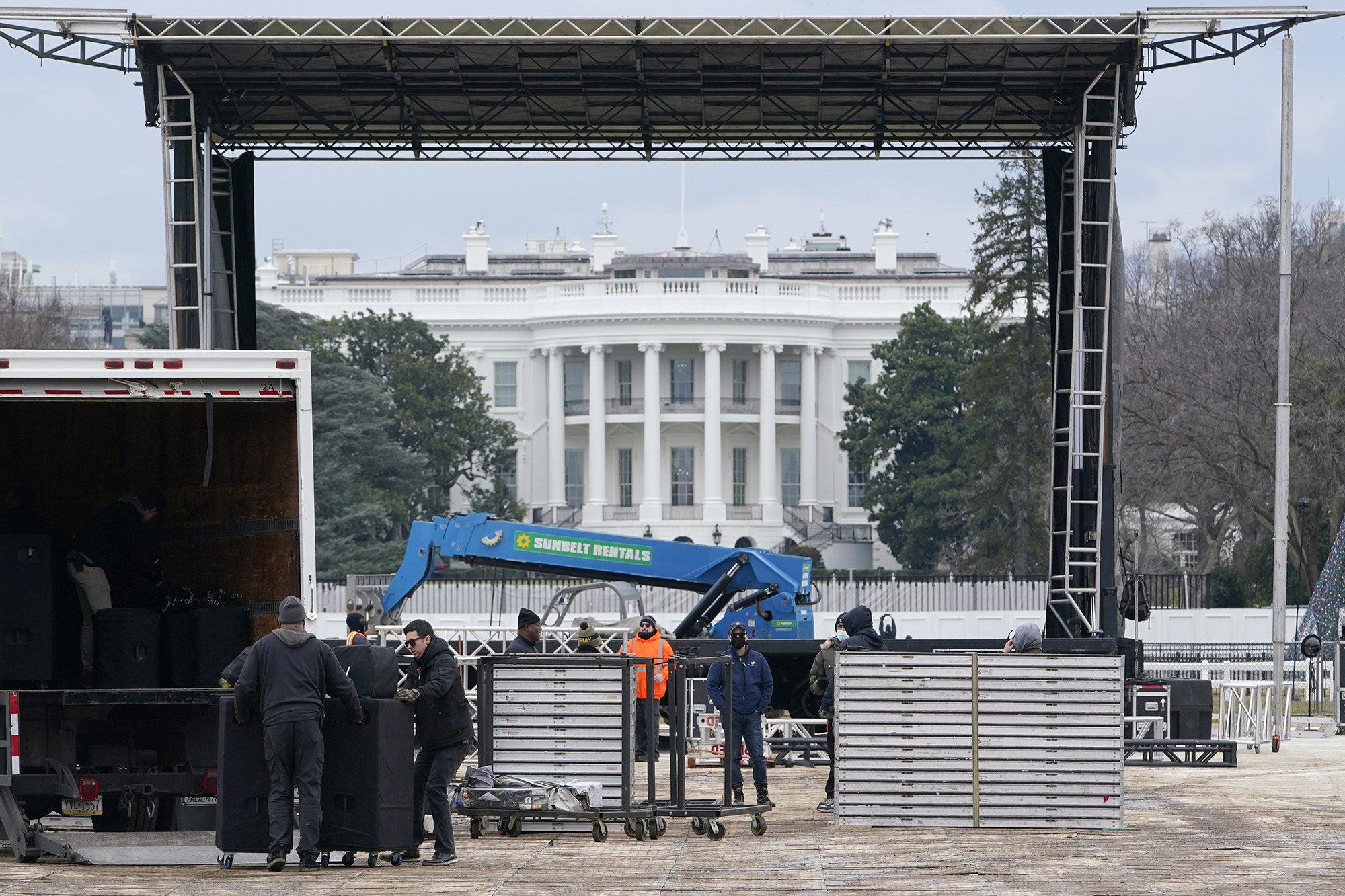 A stage is set up on the Ellipse near the White House in Washington, Monday, Jan. 4, 2021, in preparation for a rally on Jan. 6, the day when Congress is scheduled to meet to formally finalize the presidential election results.